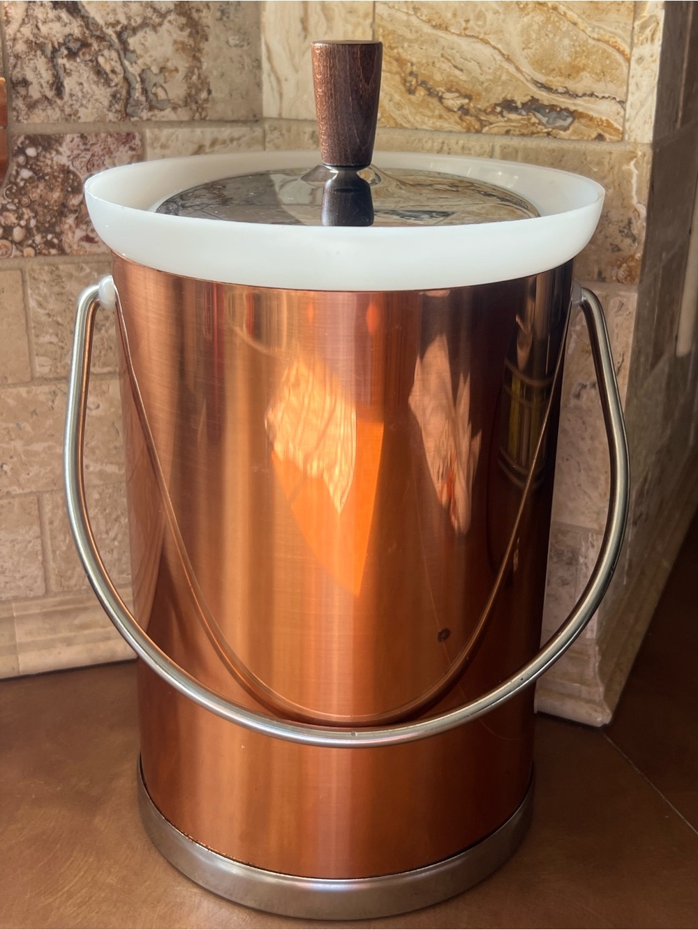 Kromex Vintage Copper and stainless Ice Bucket with Wood Knob